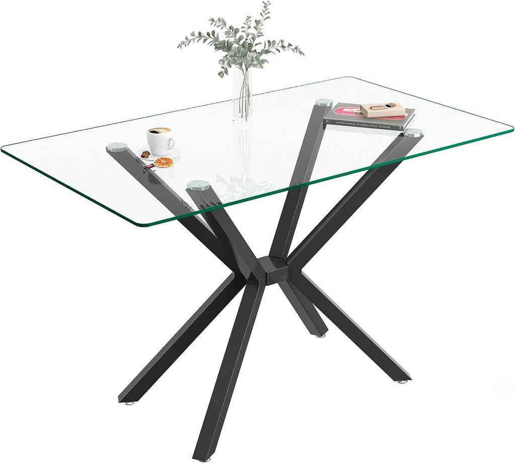 47.2' Glass Dining Table, Modern Kitchen Table for 4 People, Contemporary Rectangular Dining Room Dinner Tables with Clear Glass Top & Black Metal X Legs for Kitchen Apartment