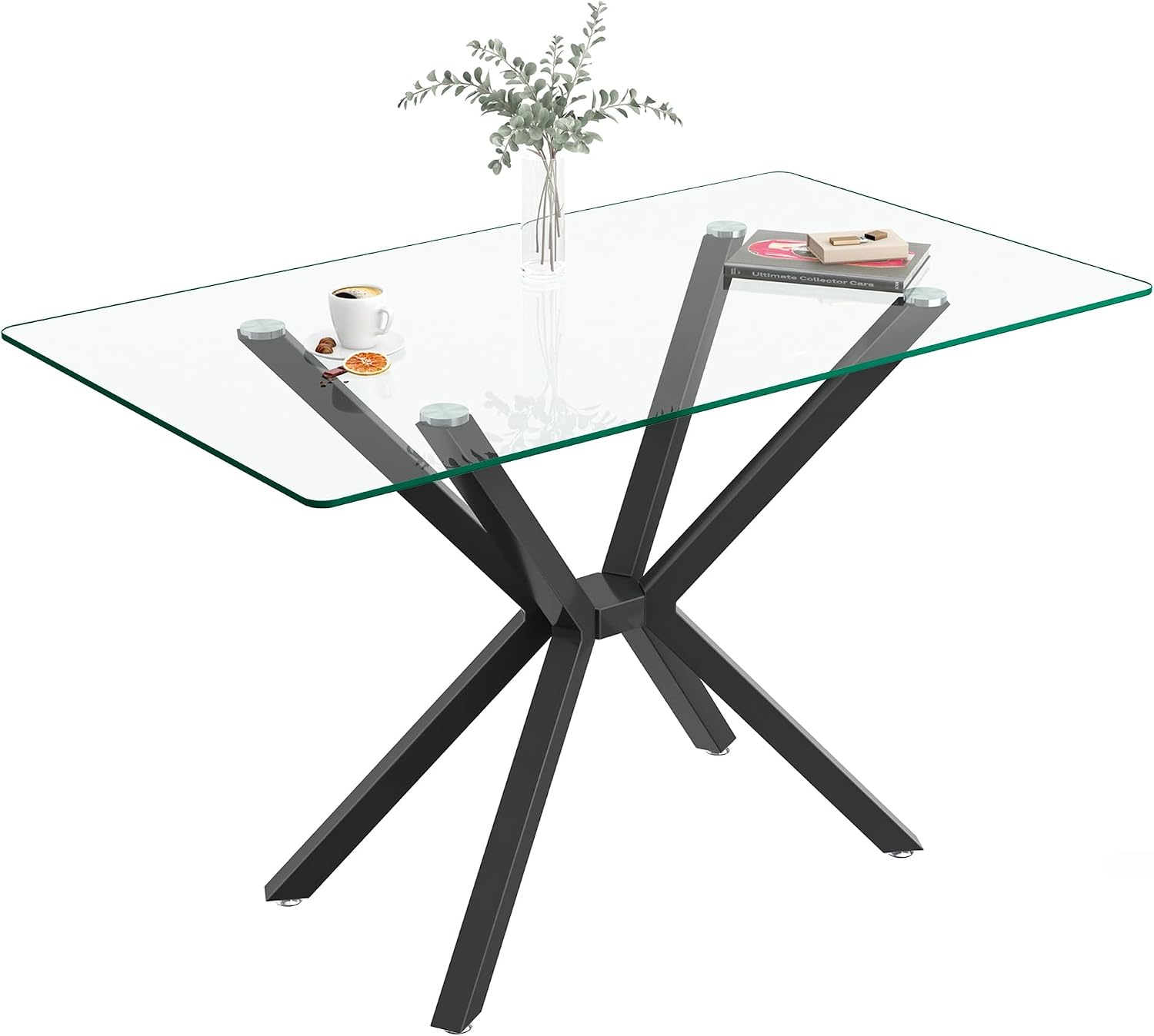 47.2' Glass Dining Table, Modern Kitchen Table for 4 People, Contemporary Rectangular Dining Room Dinner Tables with Clear Glass Top & Black Metal X Legs for Kitchen Apartment