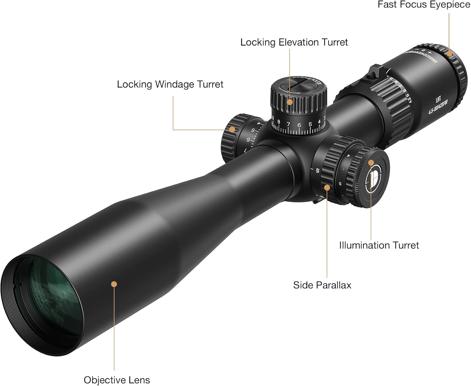 DISCOVERYOPT LHT 4.5-18X42SFIR Rifle Scope - First Focal Plane 30mm Tube, Red Illumination (6 Levels), 1/4 MOA Reticle, Waterproof & Fogproof, Lightweight for Close-Range Hunting