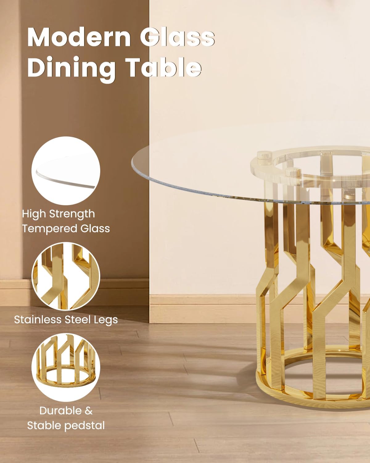 47.2' Round Glass Dining Table Set for 6, Modern 7 Piece Dining Room Table with 6 Velvet Accent Chairs, Tempered Glass Top with Golden Stainless Steel Legs, Round Kitchen Table Set for Home - Beige