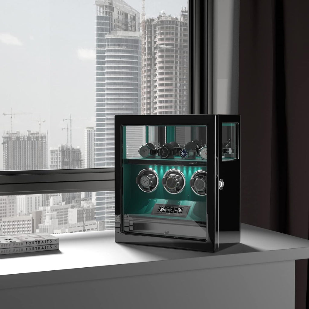 DUKWIN Watch Winder, Fingerprint Lock Automatic Watch Winder for 3/6/9 Watches with 4 Holders,300-2300 TPD,Digital Display, Remote Control,Jewelry Storage and Adjustable Watch Pillow and LED Light