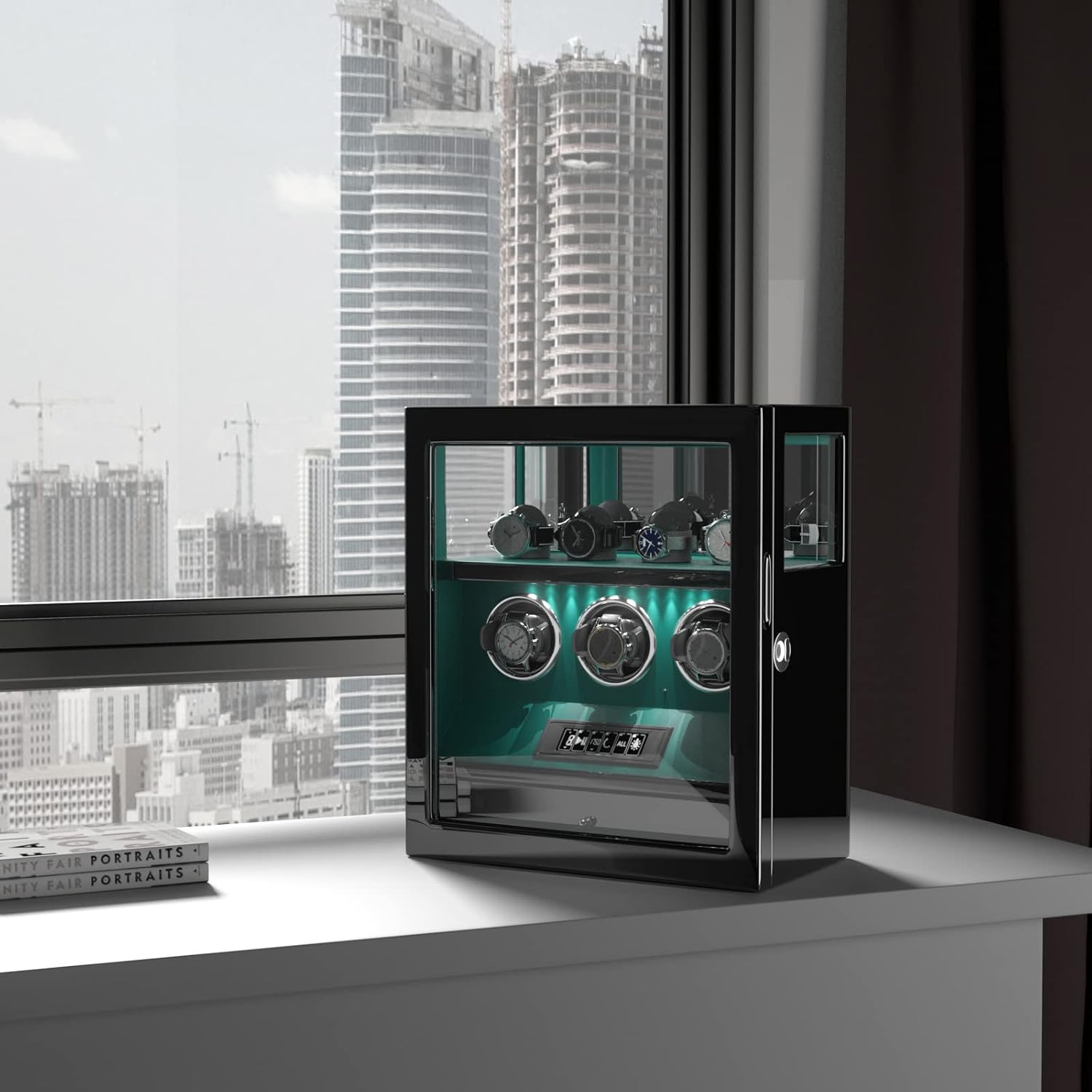 DUKWIN Watch Winder, Fingerprint Lock Automatic Watch Winder for 3/6/9 Watches with 4 Holders,300-2300 TPD,Digital Display, Remote Control,Jewelry Storage and Adjustable Watch Pillow and LED Light
