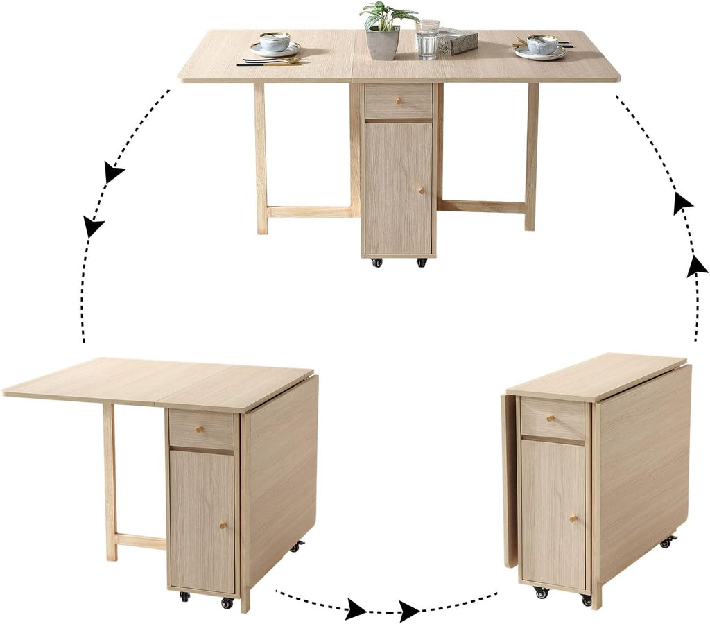 COMUHOME Extendable Drop Leaf Folding Dining Table with 2 Drawers and 4 Wheels for Living Room Kitchen Farmhouse Space Saving Table in Wood Color