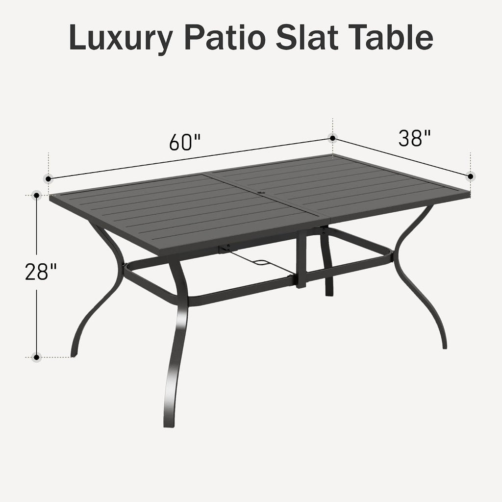 PHI VILLA Outdoor Dining Table for 6, 60' Long Rectangular Metal Wrought Iron Table with Umbrella Hole, All-Weather Large Furniture for Patio, Backyard, Porch