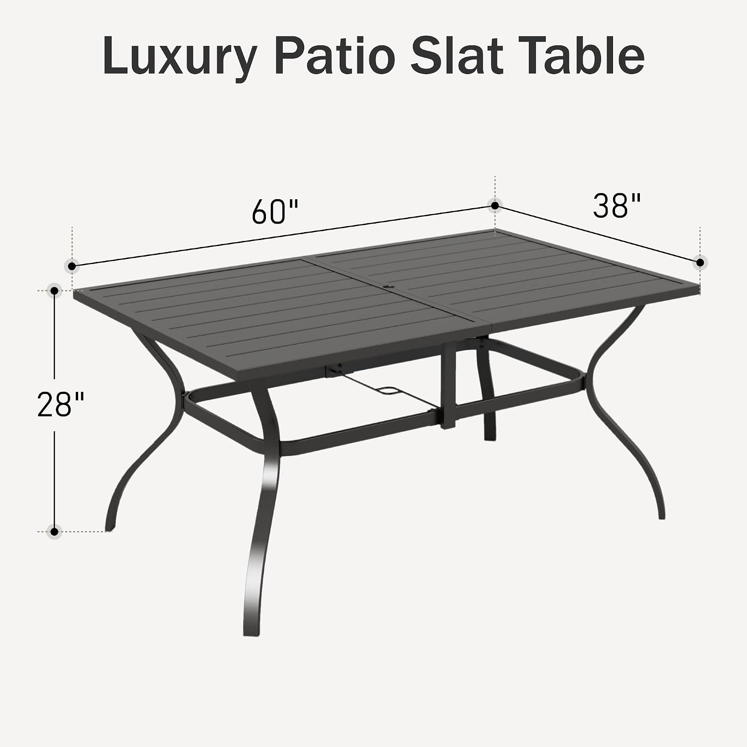 PHI VILLA Outdoor Dining Table for 6, 60' Long Rectangular Metal Wrought Iron Table with Umbrella Hole, All-Weather Large Furniture for Patio, Backyard, Porch