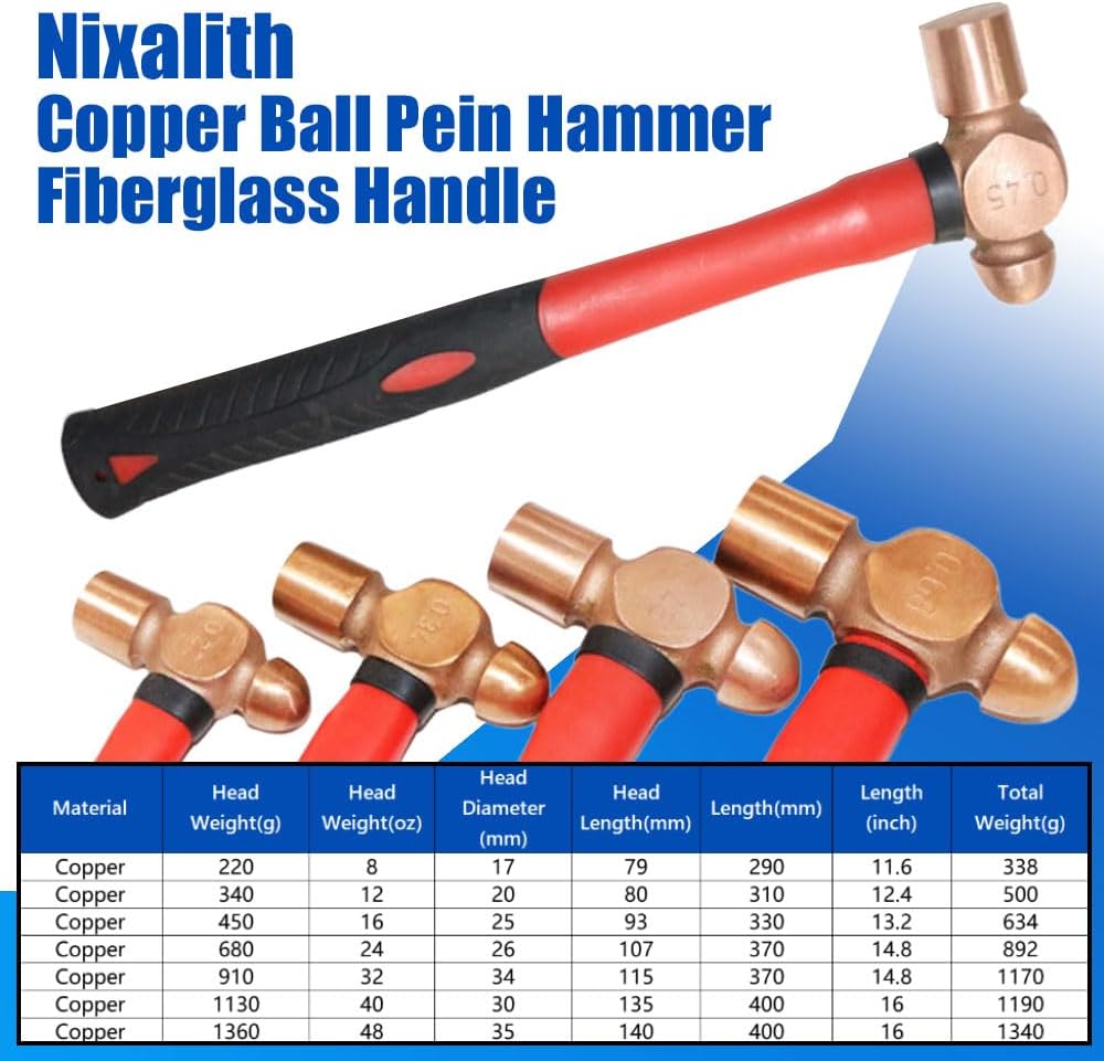 Nixalith Copper Ball Pein Hammer - 32oz,Copper Ball Peen Hammer Head 910g,Length 370mm(14.5 inch),Metalworking Tool,Ergonomical Anti-slip Handle