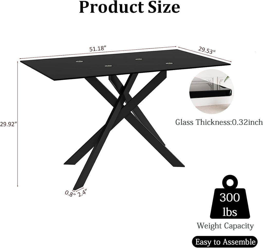 51.2' Black Glass Dining Table, Modern Kitchen Table for 4-6 People, Contemporary Rectangular Dining Room Dinner Tables with Black Glass Top & Black Metal X Legs for Kitchen Apartment