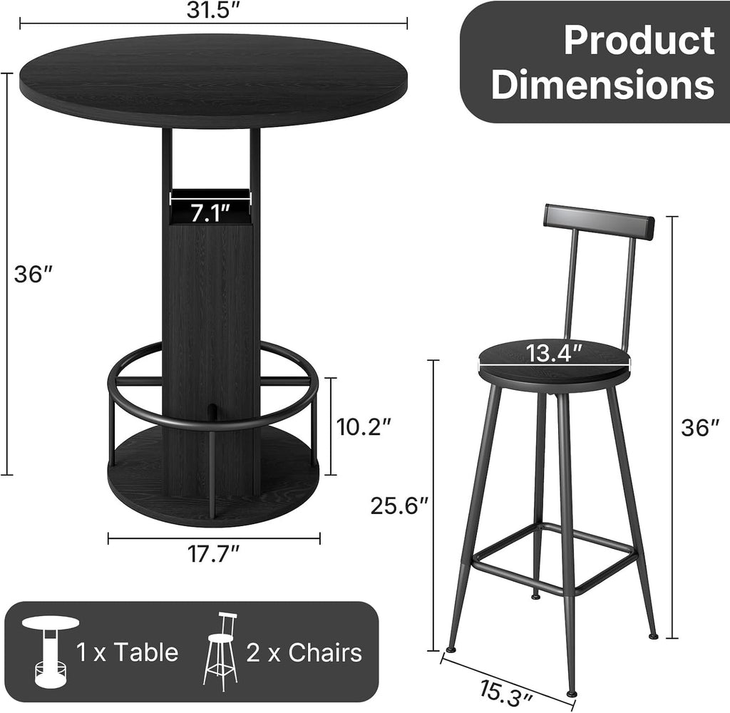 Kiivakii 31.5' 3 Pieces Round Bar Table Set, Pub Table and Chairs for 2, Kitchen Bar Table with 2 Stools & Built-in Storage, Small Dining Table Set for Dining Room, Bistro & Small Space, Black