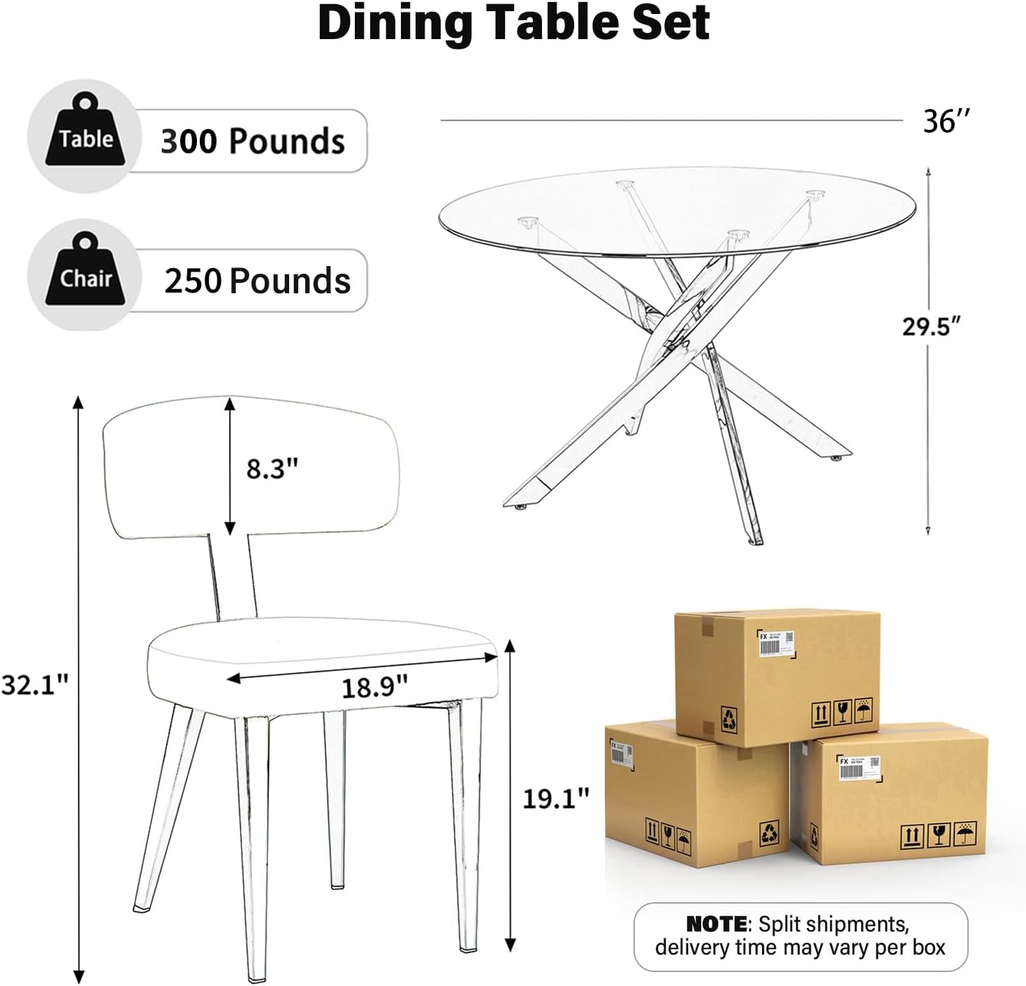 Small Dining Table Set for 2, 36' Round Kitchen Table with 2 Teddy Boucle Dining Chairs, Tempered Glass Top with Metal Legs(All Black)