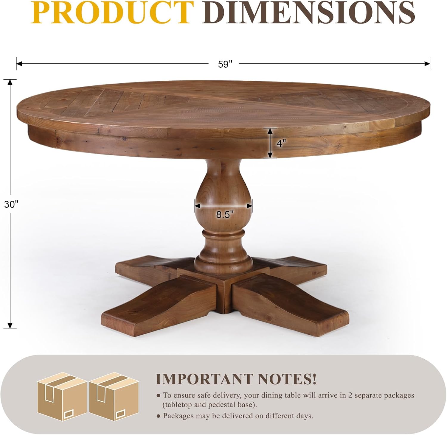 60' Round Dining Table, Reclaimed Wood Kitchen Table for 6-8, Farmhouse Circle Kitchen Table with Pedestal Curved Leg for Kitchen Dining Room Restaurant - Walnut