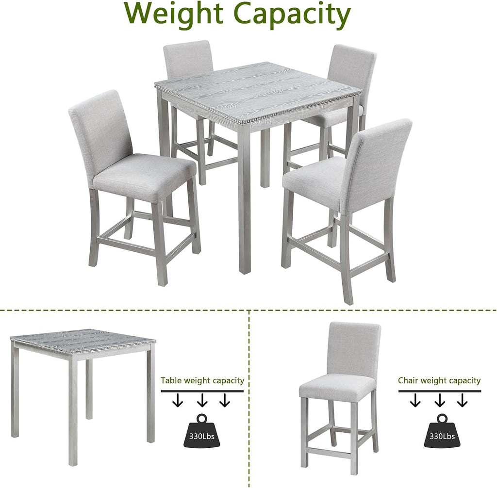 KEIKI 5-Piece Counter Height Dining Table Set with Square Table and 4 Upholstered Chair, for 4 Person, Modern Crystal Decoration Wooden Table Set, Easy Assembly, for Kitchen, Dining Room, Silver Grey