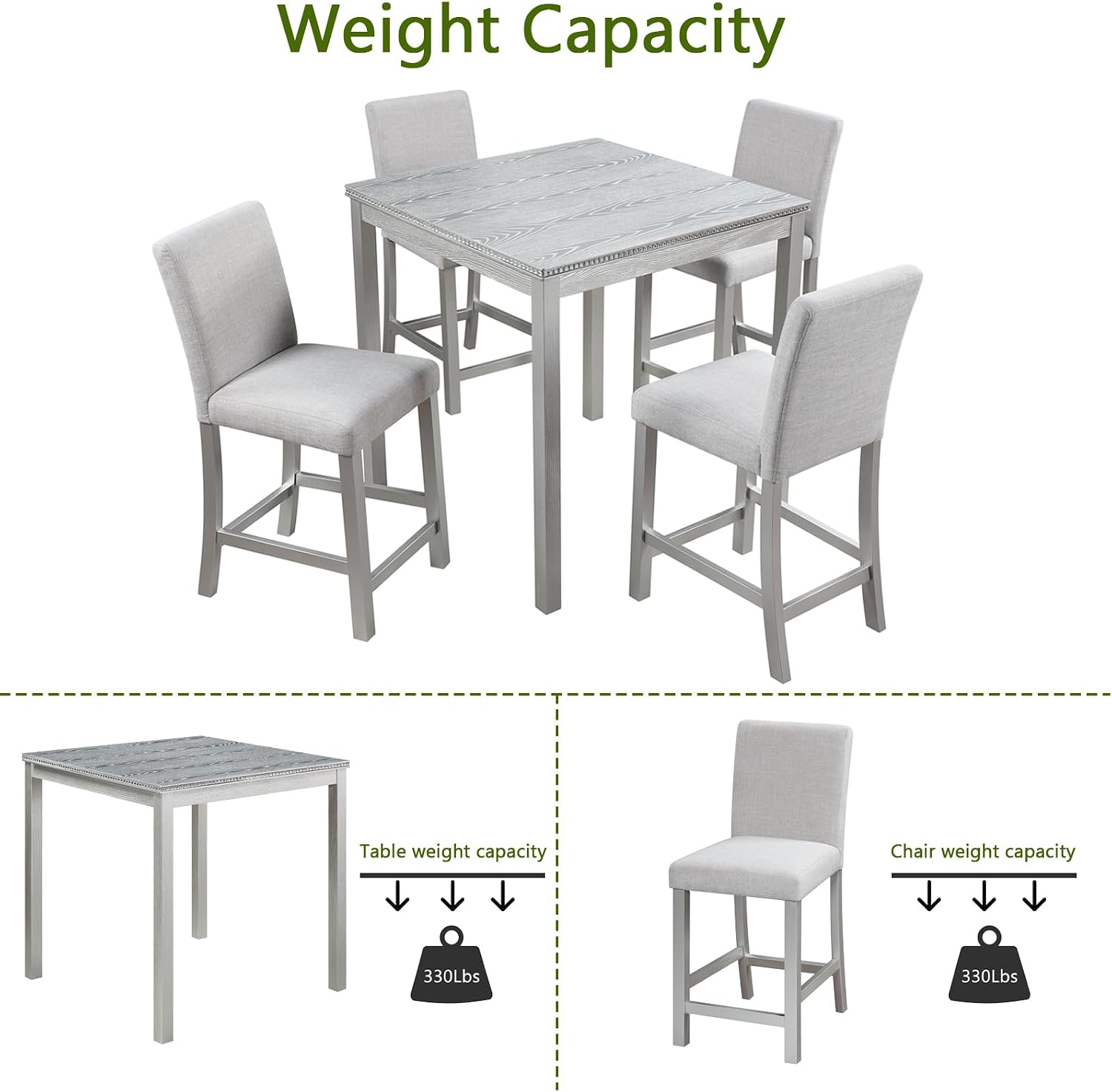 KEIKI 5-Piece Counter Height Dining Table Set with Square Table and 4 Upholstered Chair, for 4 Person, Modern Crystal Decoration Wooden Table Set, Easy Assembly, for Kitchen, Dining Room, Silver Grey