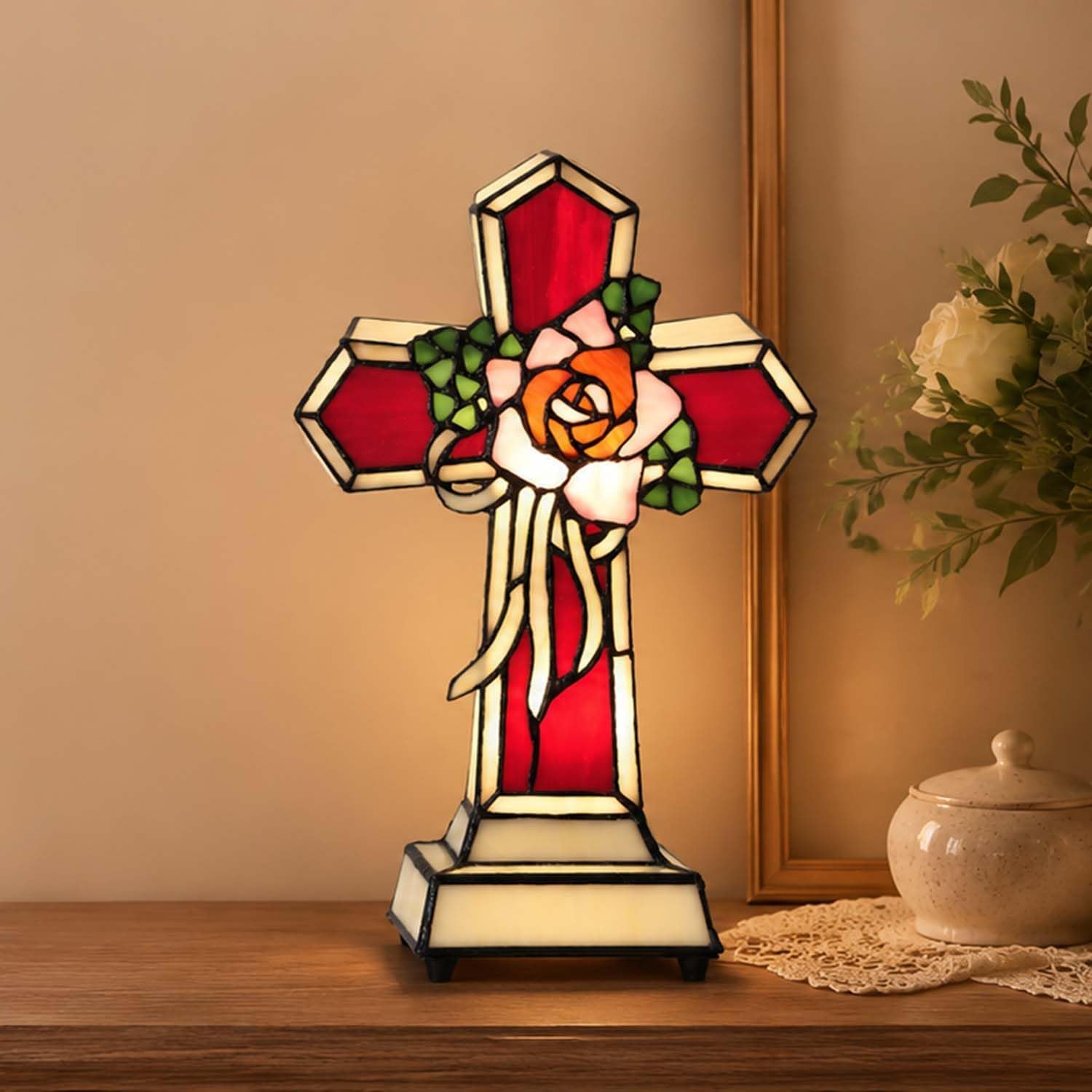 Bieye L10935 Christian Cross Tiffany Style Stained Glass Accent Table Lamp Night Light for Home Décor (Rose)