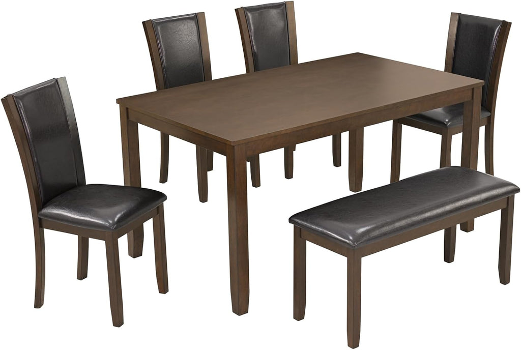 LUMISOL Farmhouse Dining Table Set for 6, Solid Wood Kitchen Table Set with 4 Upholstered Chairs and Bench for Kitchen, Dining Room, Dark Walnut