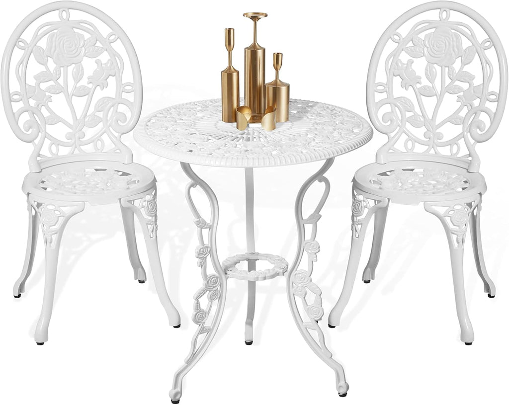HOMEFUN Bistro Table and Chairs Set of 2 Outdoor 3 Piece Patio Set, Rose Pattern Cast Aluminum Bistro for Garden Balcony, Durable Rust All-Weather Resistance, Rose White
