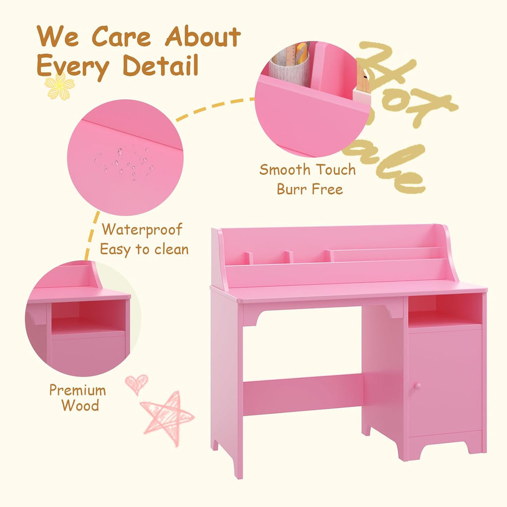 Kids Study Desk with Chair,Wooden Children Study Table, Kids Desk & Chair Sets with Hutch and Storage Cabinet for 3-12 Year Old, Student Writing Desk Computer Workstation for Kids Bedroom & Study Room