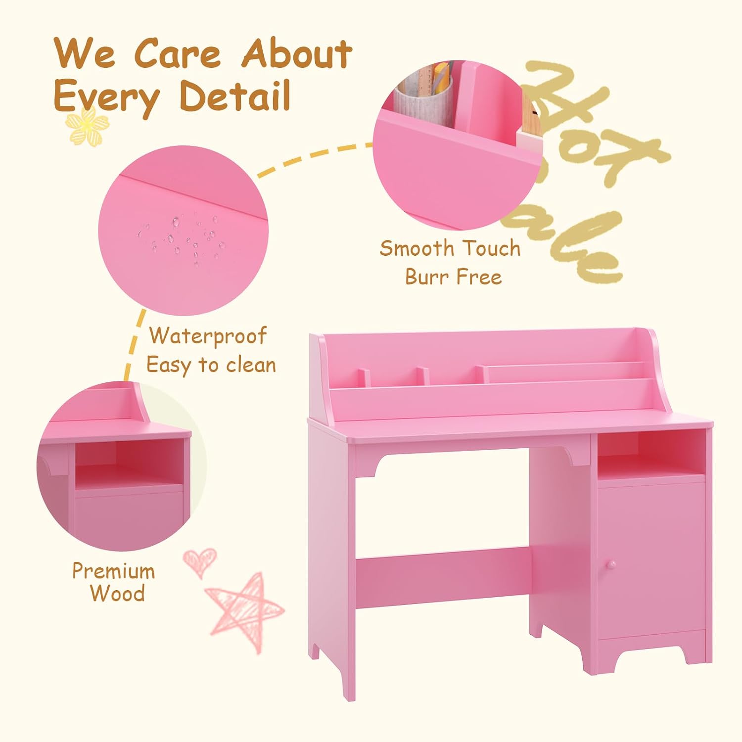 Kids Study Desk with Chair,Wooden Children Study Table, Kids Desk & Chair Sets with Hutch and Storage Cabinet for 3-12 Year Old, Student Writing Desk Computer Workstation for Kids Bedroom & Study Room