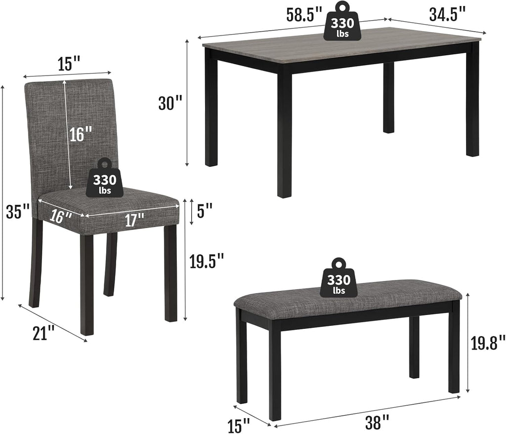 Zevemomo 6-Piece Solid Wood Dining Table Set, Including 1 Dining Table, 4 Upholstered Chairs and 1 Bench, Wooden Legs Dining Table Set for Dining Room, Kitchen, Restaurant, Dark Grey