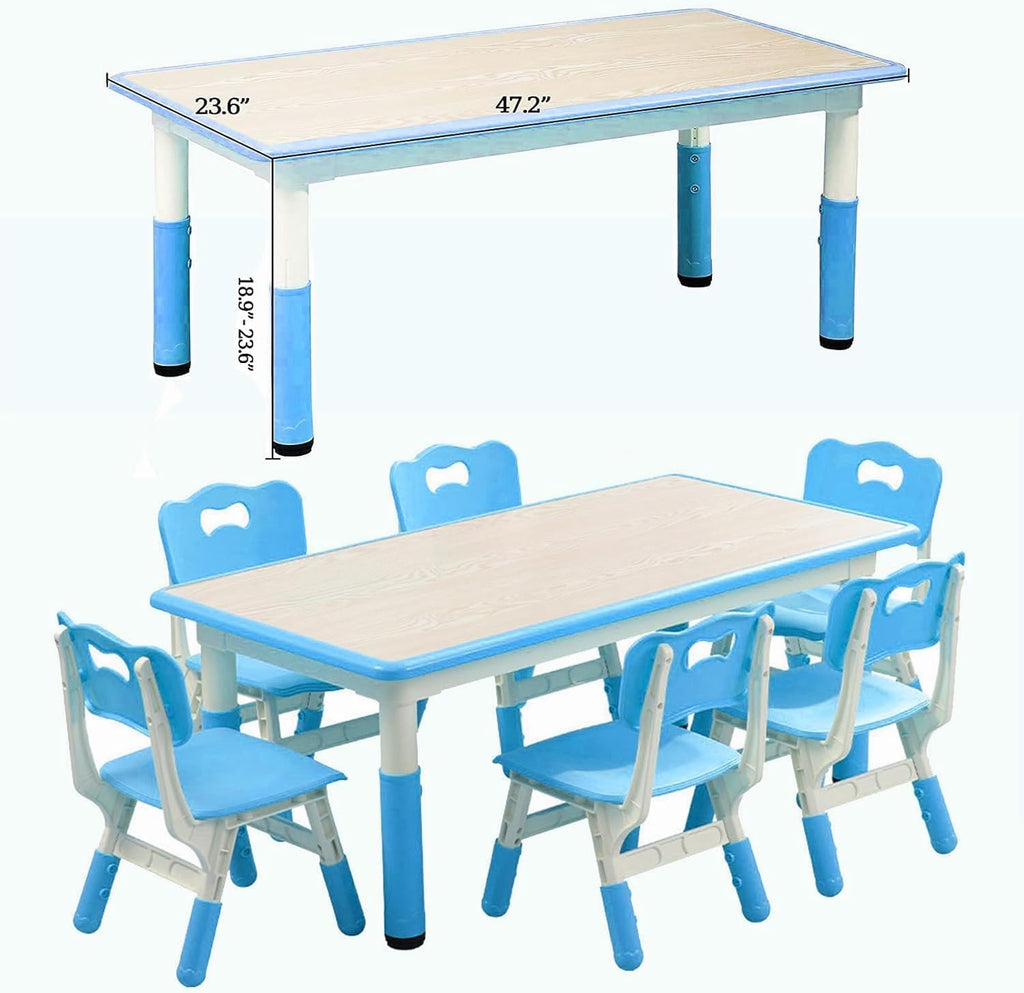 Garvee Kids Table and 6 Chair Set,47 in Modern Height Adjustable Toddler Table and 6 Chairs Set with Non-Slip Desk Legs&Organizer Graffiti Desktop,Preschool Activity Art Craft Tables for 6(Blue)