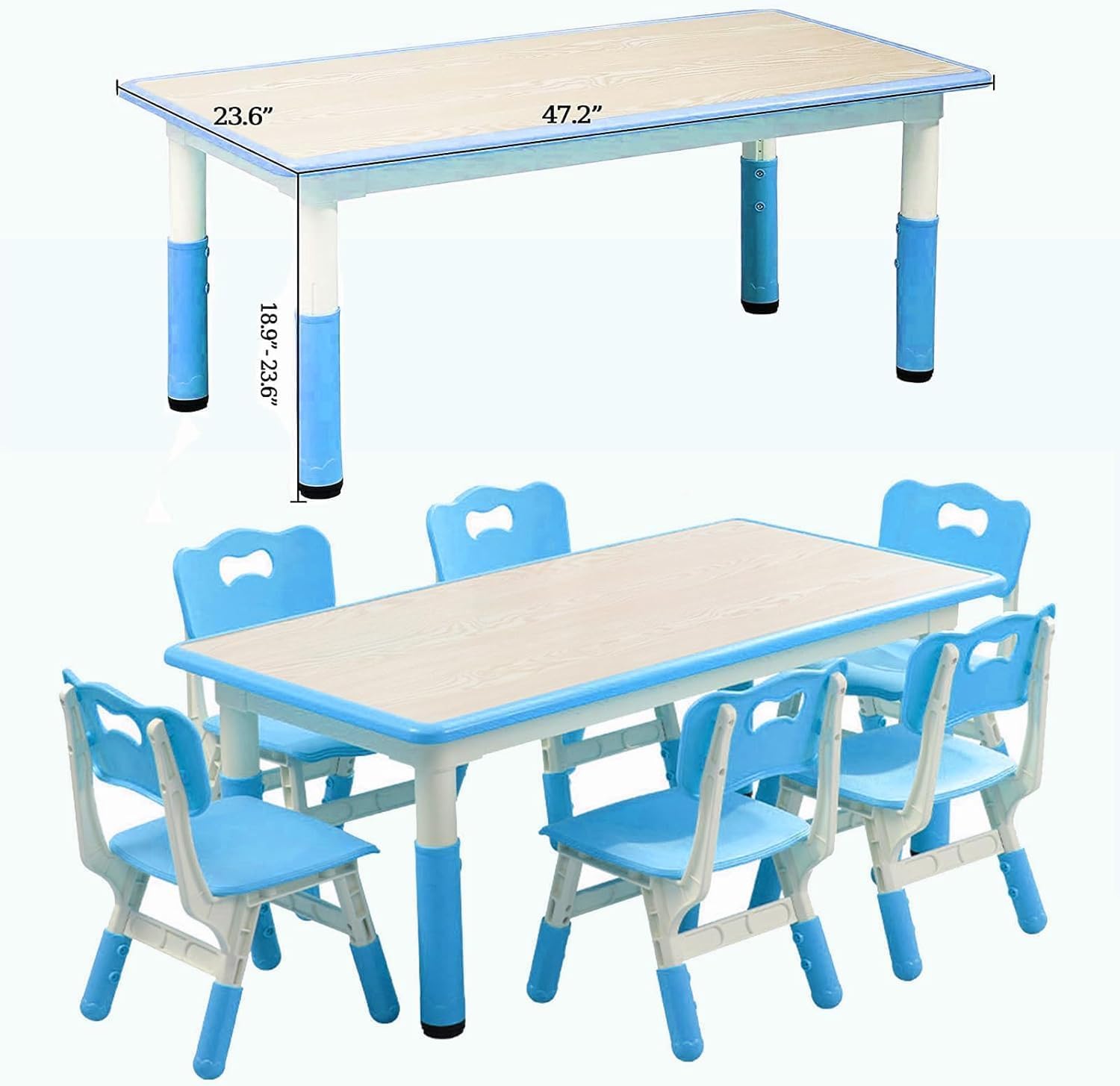 Garvee Kids Table and 6 Chair Set,47 in Modern Height Adjustable Toddler Table and 6 Chairs Set with Non-Slip Desk Legs&Organizer Graffiti Desktop,Preschool Activity Art Craft Tables for 6(Blue)