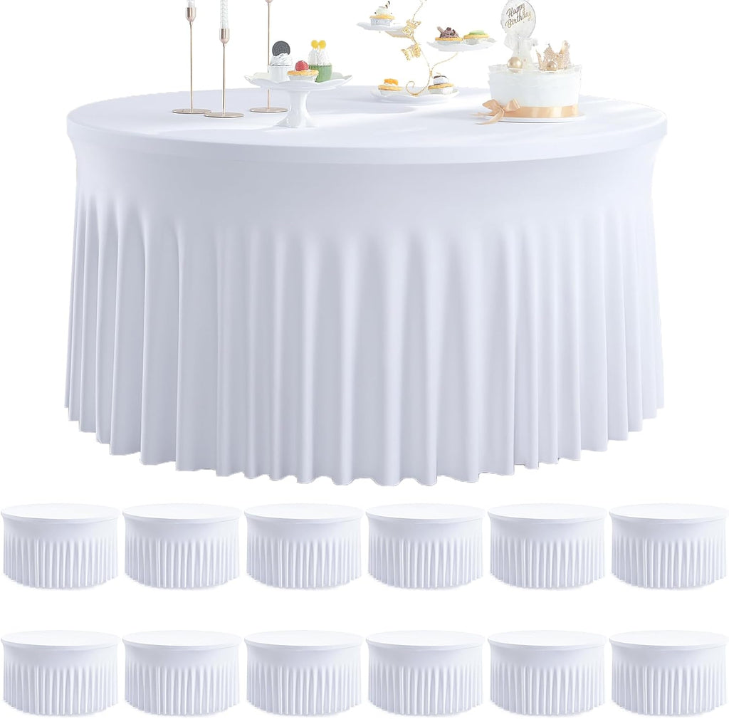 12 pk Round Spandex Tablecloths for 72inch Table, Stretchy Wrinkle Free 132inch Fitted 6FT Round Table Cloths Cover with Skirt for Wedding Birthday Party Banquet Events