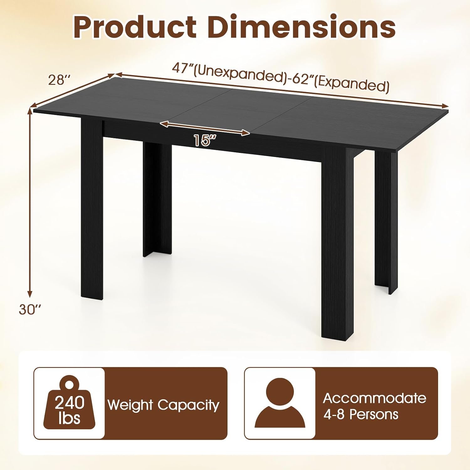 GOFLAME 47'-62' Extendable Dining Table for 4-6 People, Large Rectangular Kitchen Table with L-Shaped Legs, Space Saving Dining Room Table for Kitchen, Living Room, Office, Small Space, Black