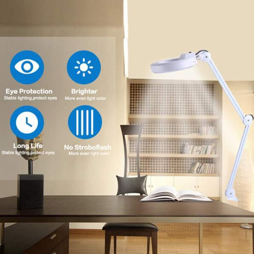 GeRRiT 8X LED Magnifying Lamp with Clamp, Magnifier Glass Lamp, Full Spectrum Daylight Lens with Adjustable Swivel Arm Light for Desk Table Task Craft Or Workbench A/Black, White