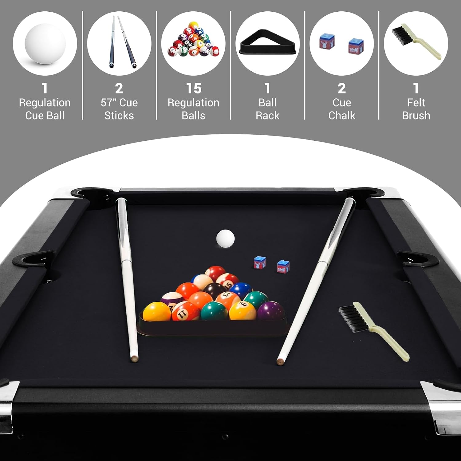 6,7 Foot Foldable Pool Table, Portable Billiards Table with Full Accessories Set, No Assembly, Metal k-Shaped Legs, Includes 16 Balls, 2 Cue Sticks, Chalk, Rack & Brush, Game Room Table for Home, Apar