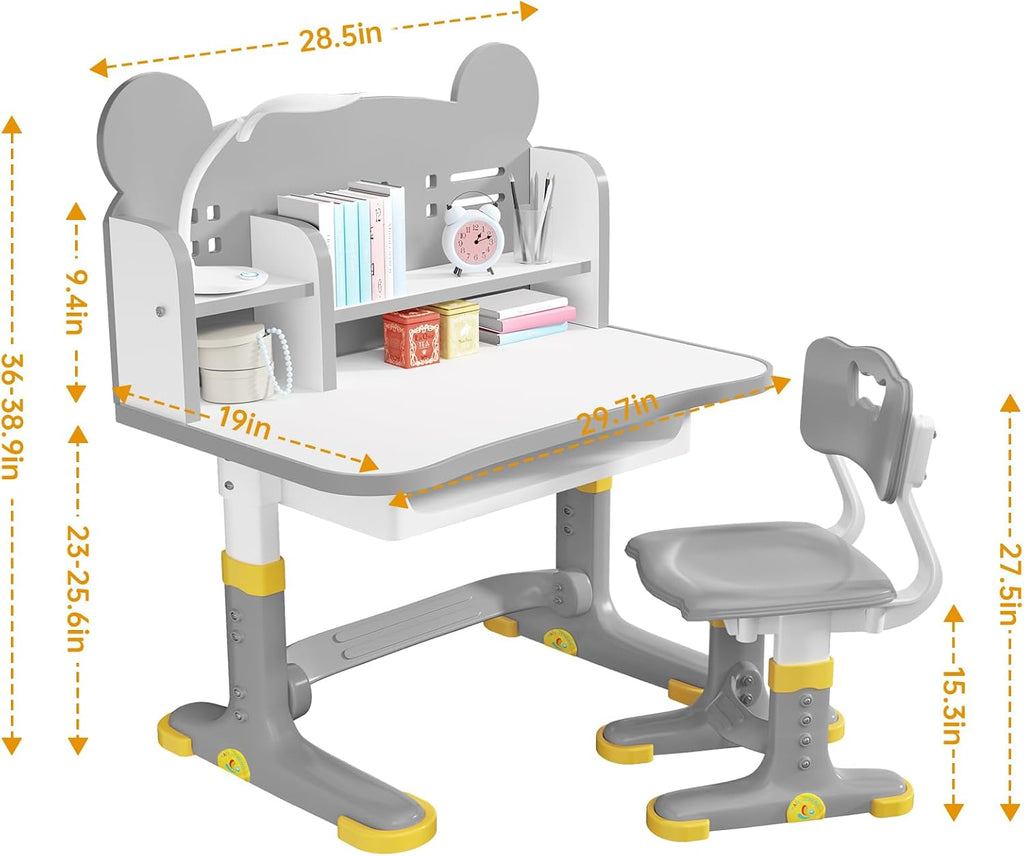 Kids Desk and Chair Set, Height Adjustable Child's School Study Writing Tables, Kids Desk with Bookstand and Storage Drawer, Widened Desktop with Desktop for Boys and Girls (Gray-F)