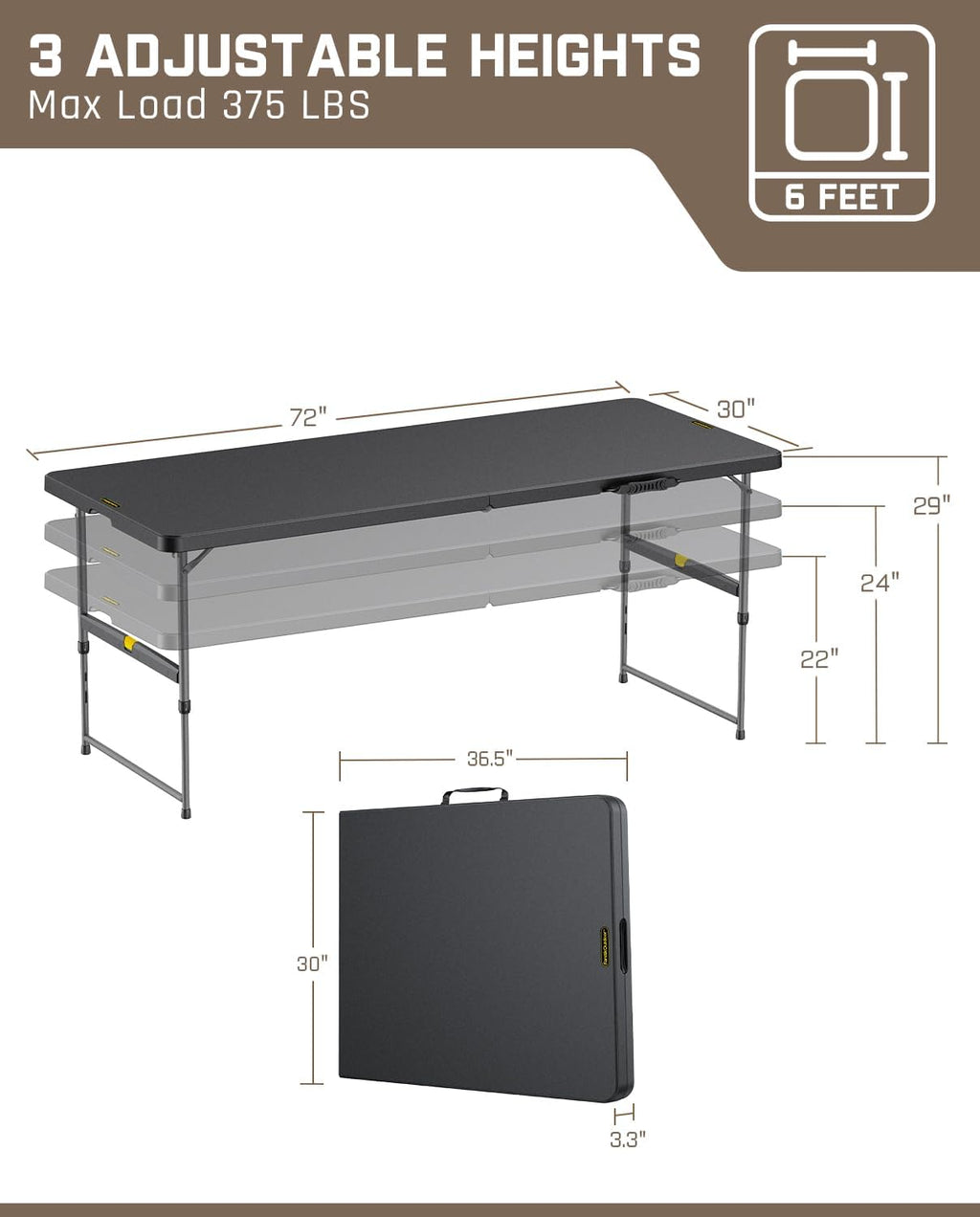 FanttikOutdoor 6ft Folding Table, 3 Heights, One-Handed Height Adjustment, Gravity Lock, Carry Handle, Indoor Outdoor Heavy Duty Fold-in-Half Portable Utility Table, Party, Black Zeta X6 Pro