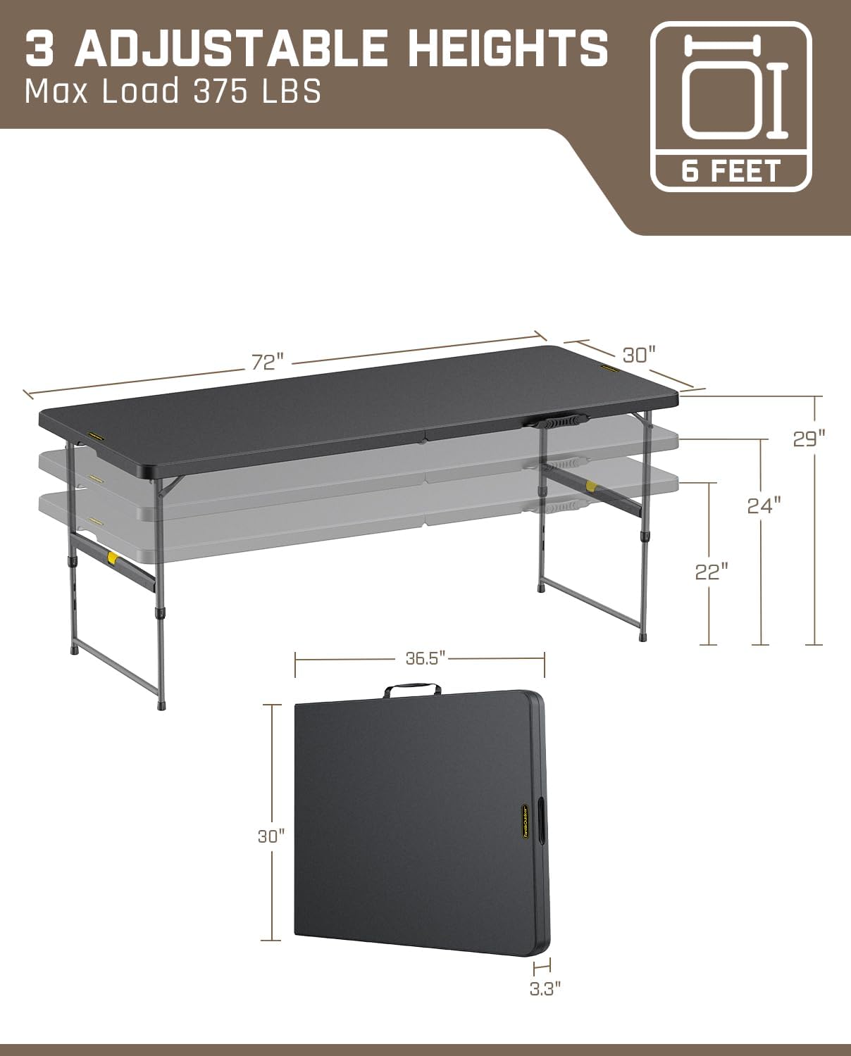 FanttikOutdoor 6ft Folding Table, 3 Heights, One-Handed Height Adjustment, Gravity Lock, Carry Handle, Indoor Outdoor Heavy Duty Fold-in-Half Portable Utility Table, Party, Black Zeta X6 Pro