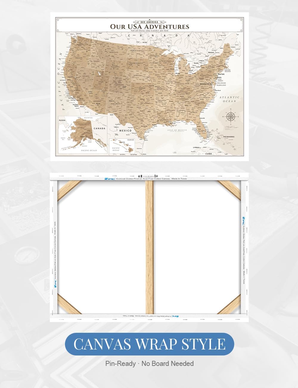 IPIC - Vintage Push Pin United States Map Canvas Wall Art, Oversized US Travel Map Print for Home, Office, Study or RV, Push Pin Board Decor to Track Your Travels, Ready to Hang