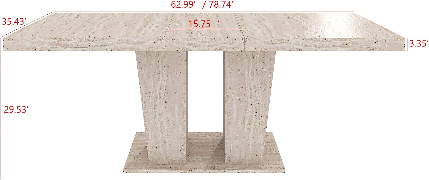 78.74'' Extendable Rectangular Dining Table for 4-8, Modern Mid-Century Wood Expandable Kitchen Dinner Conference Table for Living Room Office, Veined Travertine Pattern, Beige