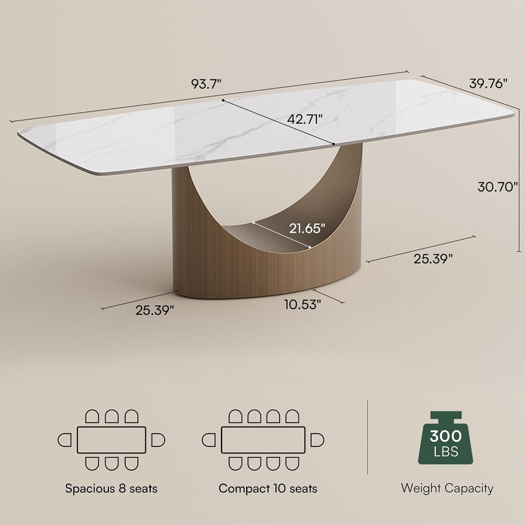POVISON 94' Modern Dining Table for 8-10, Glossy White Dining Table Sintered Stone Minimalist Tabletop with Bronze Carbon Steel Pedestal for Dining Room (Table Only)