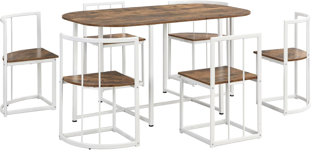 7 Piece Dining Table Set, Metal Kitchen Dining Table Set with Chairs for 6 Persons for Small Space, White Cherry