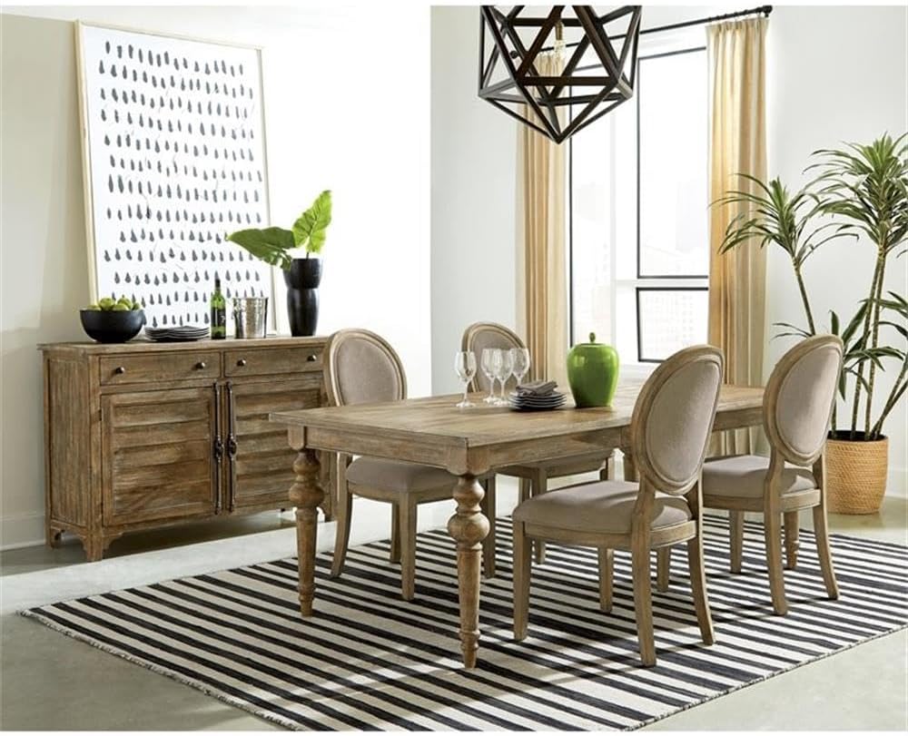 Pemberly Row Coastal Wood Dining Table, Snowy Desert Brown Finish, 30' H x 66'-84' W x 42' D, Pine Solid and Veneer, Cottage Style, Extendable with 18' Leaf, Rustic Chic Design for Dining Room Use