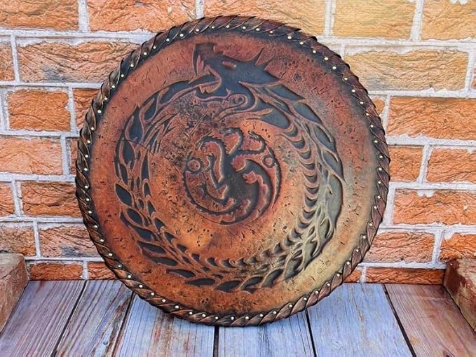 Medieval Dragon Shield, 22 Inch Decorative Leather Covered Wood Wall Shield, Round, Fantasy Home Decor Shield