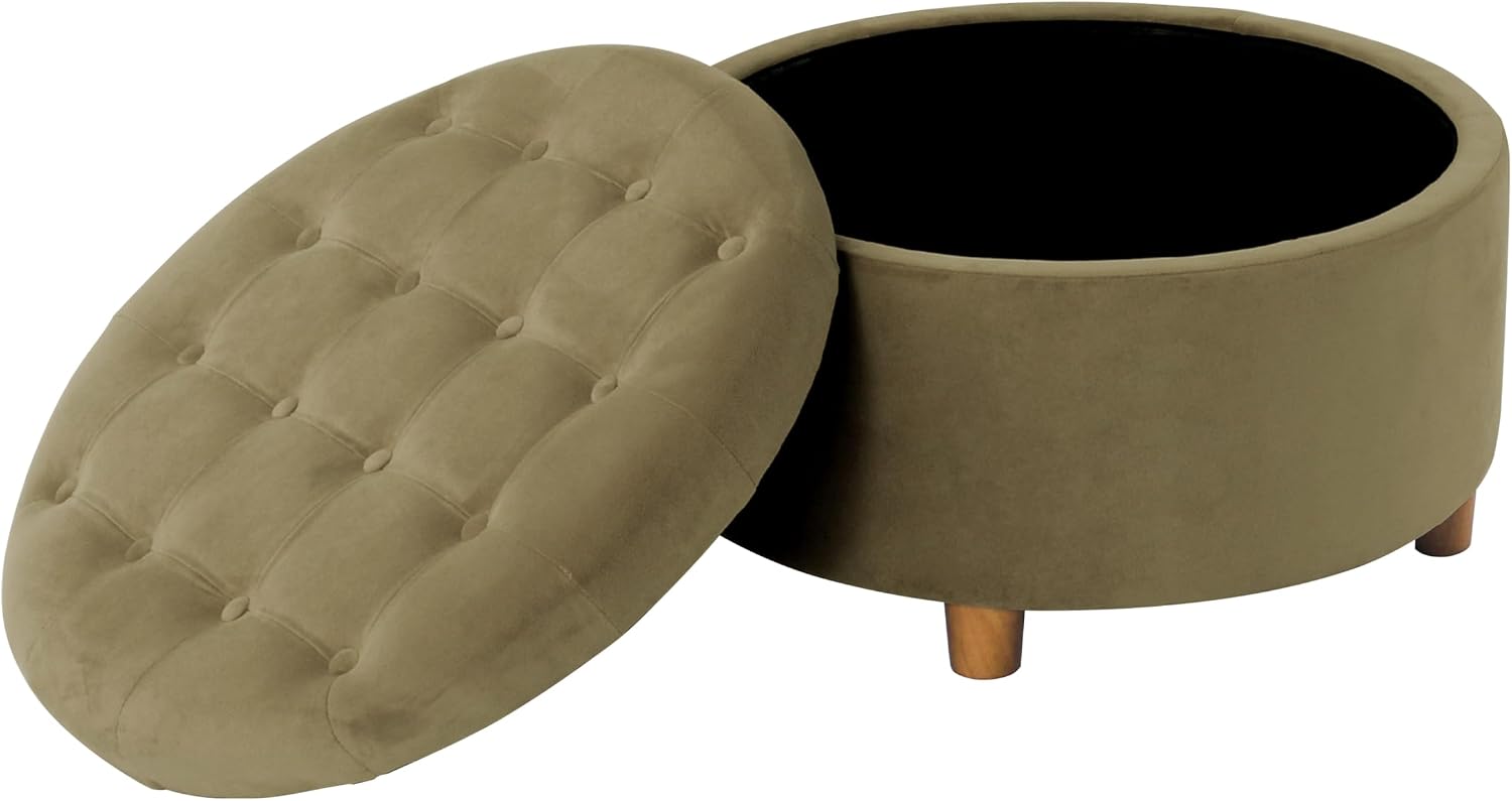 Homepop Home Decor | Button Tufted Velvet Round Storage Ottoman | Ottoman with Storage for Living Room & Bedroom, Light Sage Green Velvet