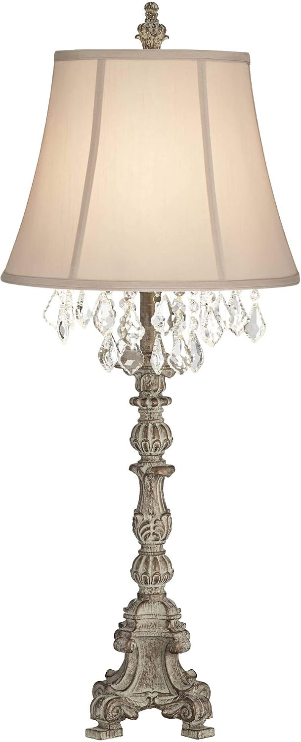 Barnes and Ivy Duval 34' Tall Candlestick Large French Traditional End Table Lamps Set of 2 Brown White Crystal Living Room Bedroom Bedside Nightstand House Office Home Reading Beige Shade