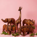 Large Wood Animal Sculptures Set for Room Decor, Giraffe, Hippo, Rhino, Lion and Elephant Statues, Brown