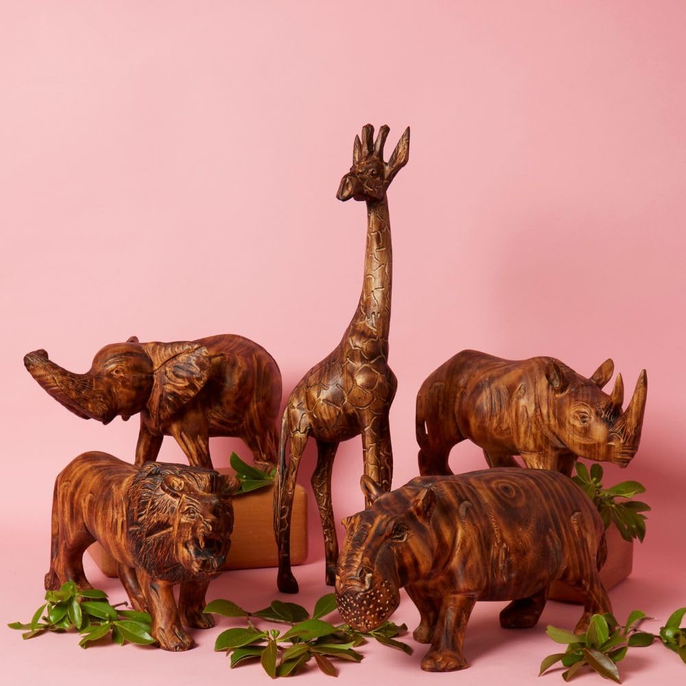 Large Wood Animal Sculptures Set for Room Decor, Giraffe, Hippo, Rhino, Lion and Elephant Statues, Brown