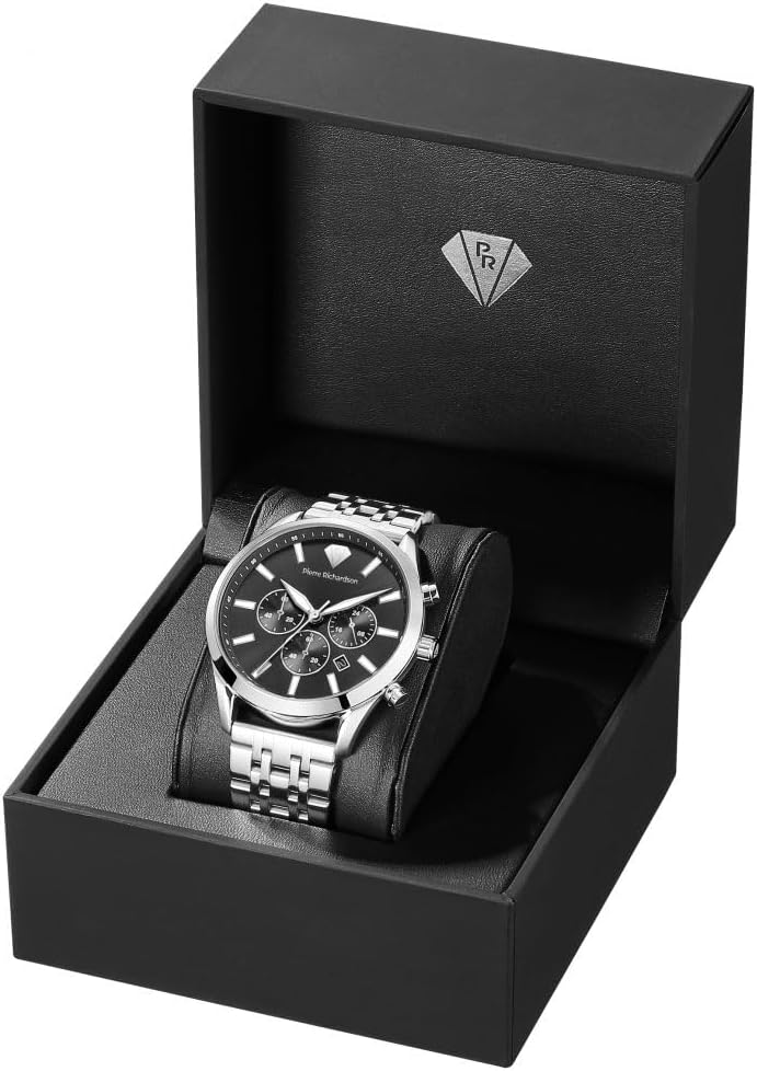 PIERRE RICHARDSON Men's Luxury Watch PR2320 – Silver Stainless Steel Quartz, 44mm, 5ATM Water Resistant, Scratch-Resistant Sapphire Crystal Glass