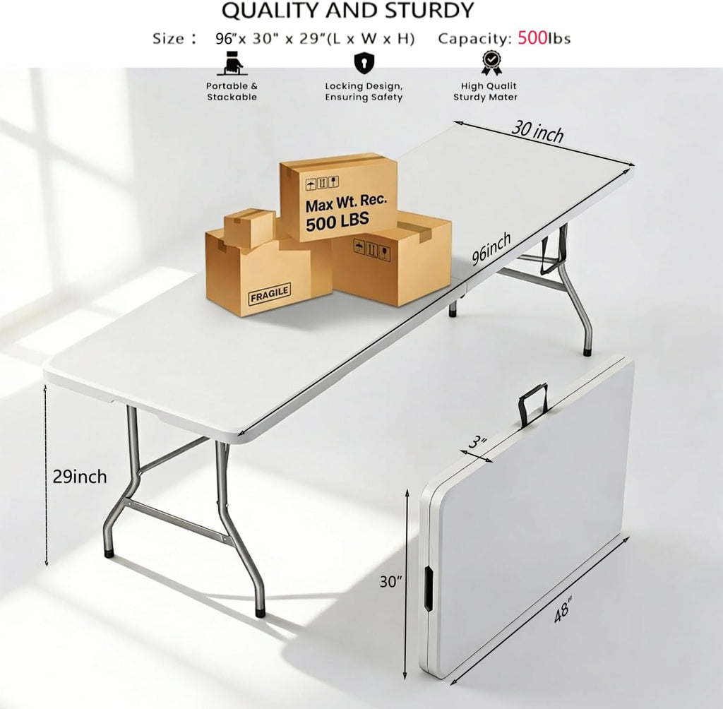 8FT Heavy Duty Folding Table,Fold-in-Half Portable Plastic Utility Table with Carry Handle&Locking Legs,Indoor Outdoor Table for Watch Party,Tailgate,BBQ,Camping,Events,Backyard Dining–White