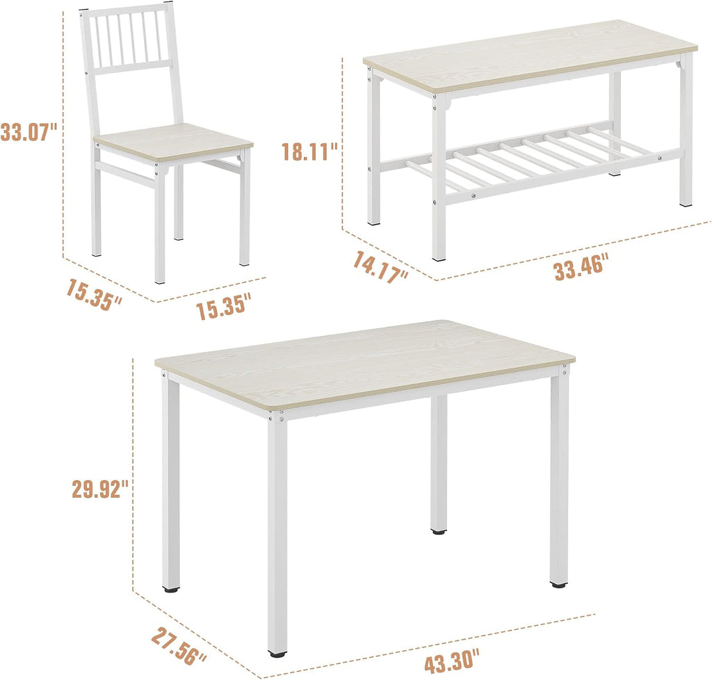 Teraves Dining Table Set/Computer Desk,Kitchen Table with 2 Chairs and a Bench,Table and Chairs 4 Piece Set for Dining Room (Beige, 110CM)