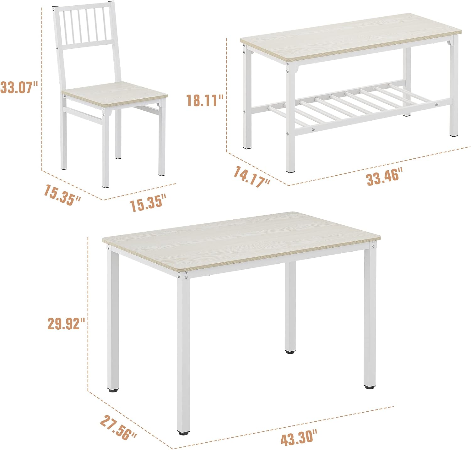 Teraves Dining Table Set/Computer Desk,Kitchen Table with 2 Chairs and a Bench,Table and Chairs 4 Piece Set for Dining Room (Beige, 110CM)