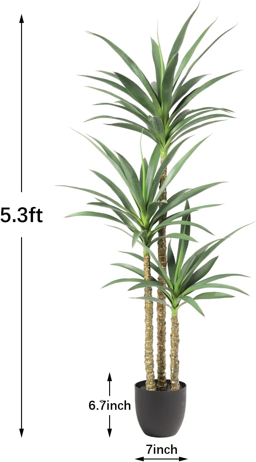 Waoops Artificial Tree 5.3Ft Faux Agave Plant with 3 Heads in Plastic Pot Fake Tree for Home Decor Indoor or Outdoor Office Decoration Housewarming Gift