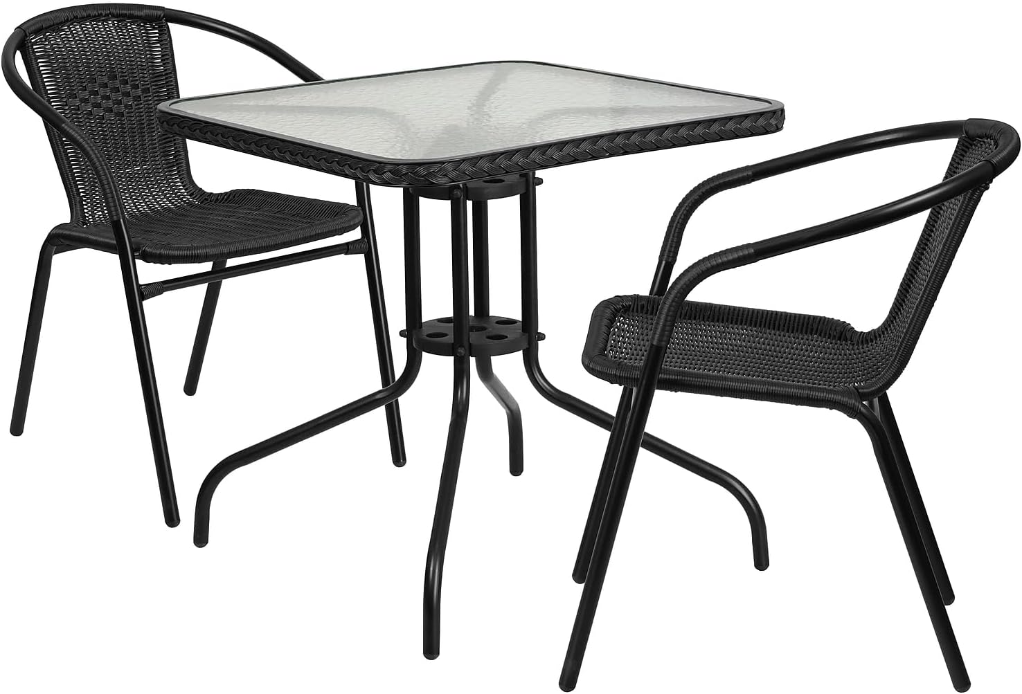 Flash Furniture Lila 28'' Square Glass Metal Table with Black Rattan Edging and 2 Black Rattan Stack Chairs
