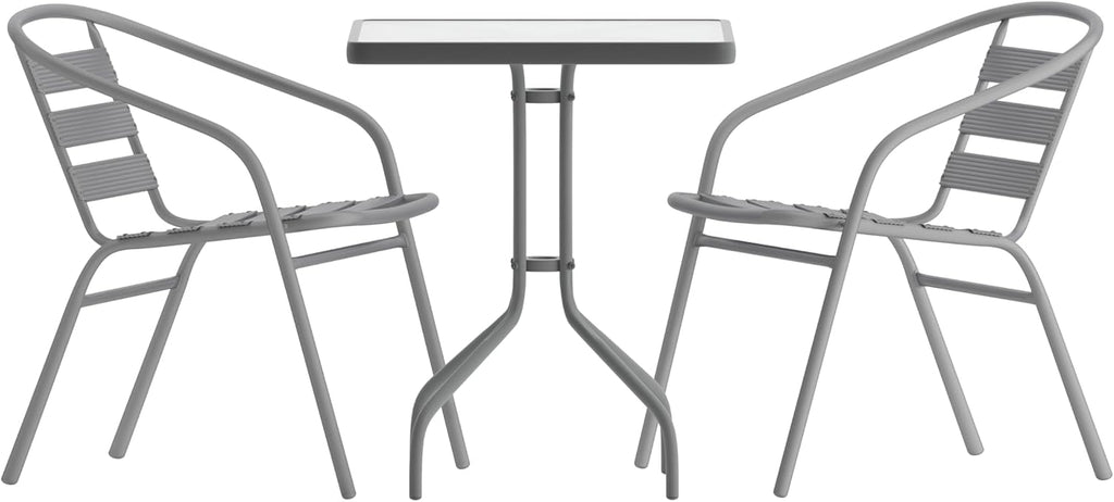 Flash Furniture TLH-0731SQ-017CSV2-GG Lila 23.5'' Square Glass Table with 2 Metal Aluminum Slat Stack Chairs, Silver