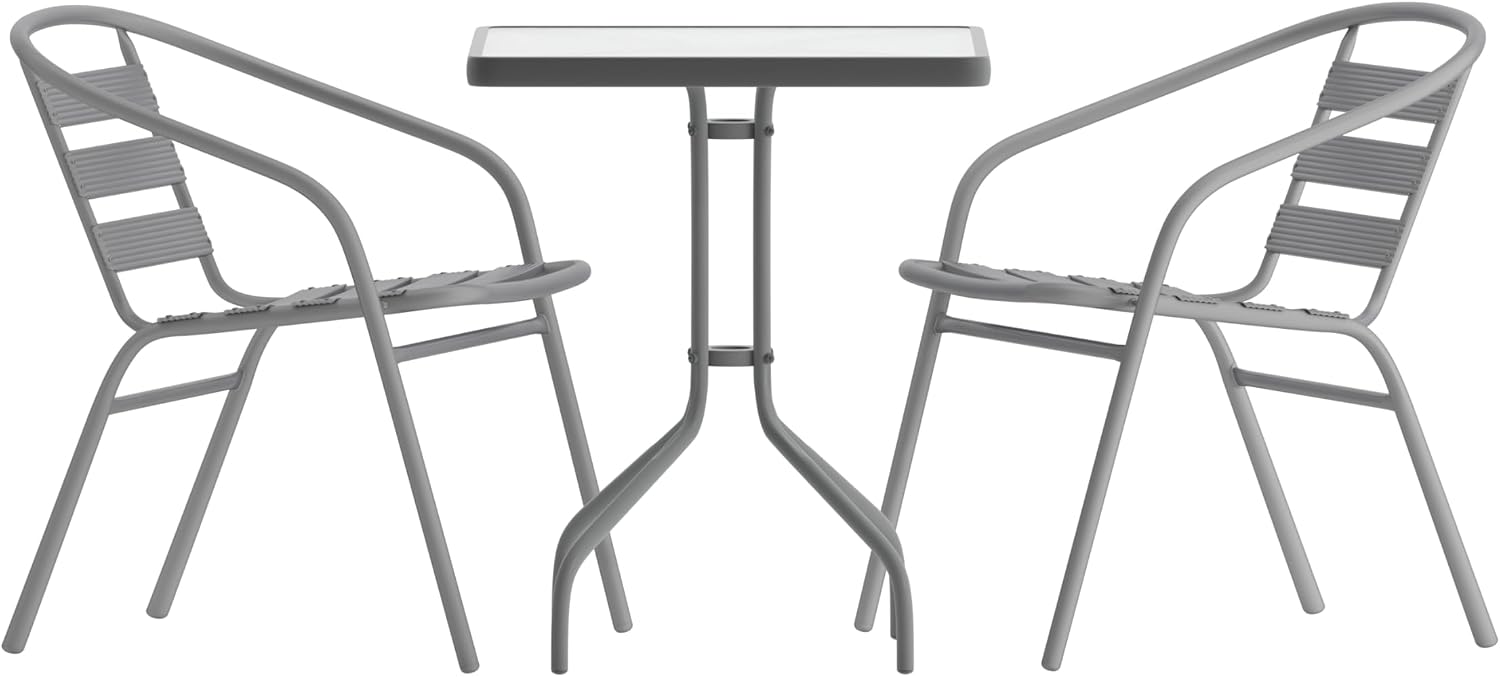 Flash Furniture TLH-0731SQ-017CSV2-GG Lila 23.5'' Square Glass Table with 2 Metal Aluminum Slat Stack Chairs, Silver