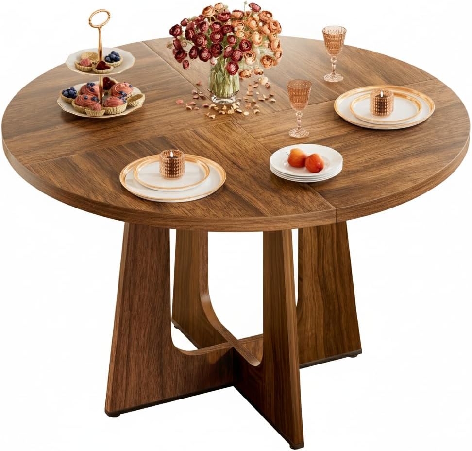 47' Round Dining Table for 4-6, Farmhouse Wood Kitchen Table, Mid-Century Wooden Circle Dinner Room Table Easy Assembly for Dining Room, Kitchen, Living Room (Brown)